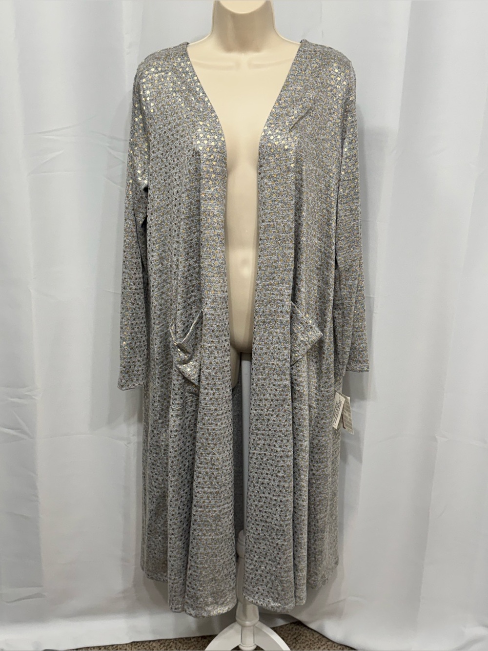LulaRoe Womens Gray & Gold Hearts Long Sleeve Open Front Soft Comfort Cardigan L
